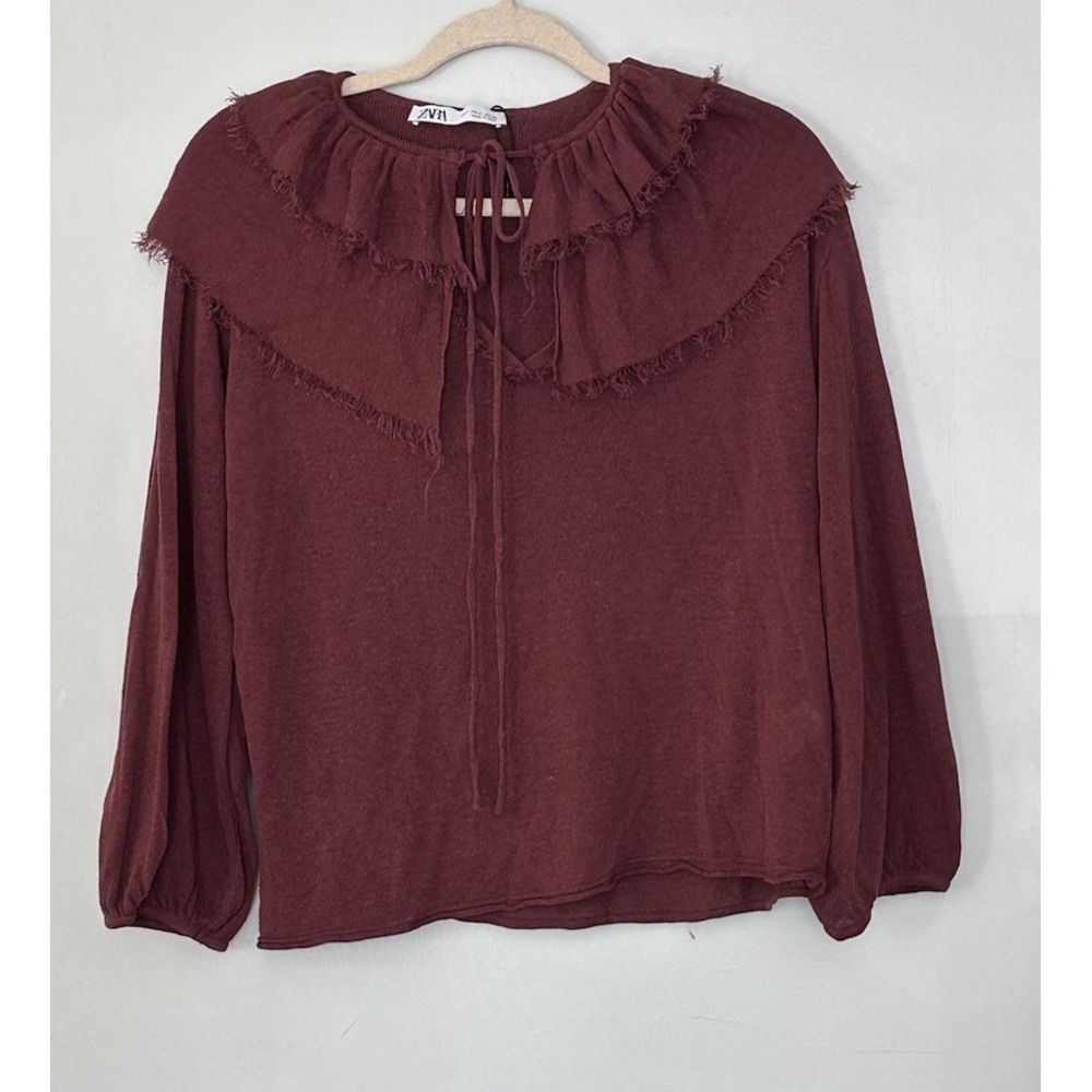 ZARA linen blend Brown Long Sleeve Ruffled Collar Tie Neck Blouse Top Sz Small